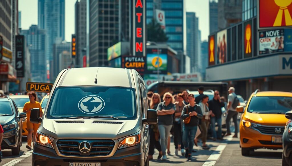 A busy city street at midday, with a modern, sleek delivery van in the foreground, its logo prominently displayed. The van is surrounded by pedestrians and other vehicles, conveying a sense of bustling activity. In the middle ground, there is a group of people eagerly awaiting their food orders, their expressions showing a mix of anticipation and satisfaction. The background features a mix of high-rise buildings, neon signs, and a clear, bright sky, creating an urban, cosmopolitan atmosphere. The lighting is natural, with a warm, golden hue that adds to the overall sense of vibrancy and efficiency. The overall composition and details suggest a reliable, on-time catering delivery service that is seamlessly integrated into the fabric of the city.