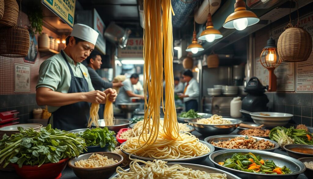 A busy hawker stall in Singapore's iconic Beauty World neighborhood, bustling with the preparation of handmade noodles. In the foreground, a skilled chef expertly kneads and stretches the freshly made dough, creating long, golden strands. The middle ground showcases a diverse array of aromatic ingredients, from leafy greens to sizzling proteins, ready to be incorporated into the noodle dishes. In the background, a warm, inviting atmosphere is illuminated by soft, natural lighting, showcasing the stall's timeless charm and the dedication of the local noodle artisans. The overall scene captures the essence of Singapore's vibrant hawker culture and the unparalleled craftsmanship behind the city's top homemade noodle specialties.