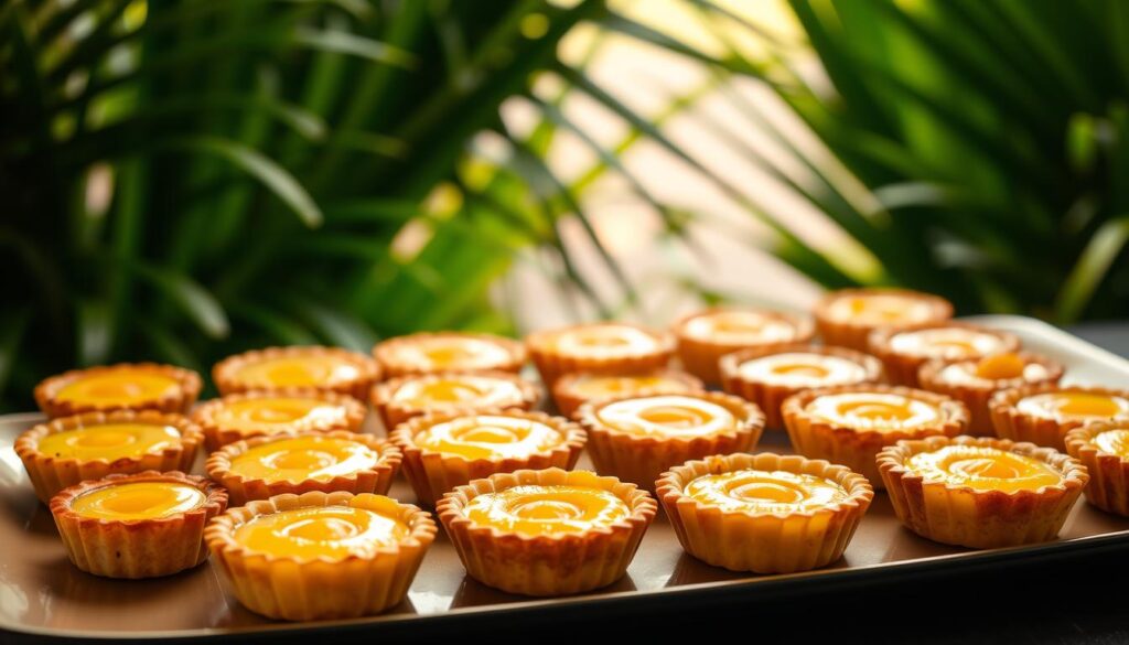 A carefully arranged selection of premium pineapple tarts, each one a meticulously crafted confection. In the foreground, the tarts are displayed on a sleek, minimalist platter, their golden-brown crusts glistening under the warm, soft lighting. The pineapple filling, a vibrant and tantalizing yellow, is visible through the delicate pastry shells. In the middle ground, a backdrop of lush, green tropical foliage frames the tarts, hinting at their exotic origins. The overall scene exudes a sense of luxury and refinement, inviting the viewer to savor the flavors and textures of these exceptional pineapple treats.