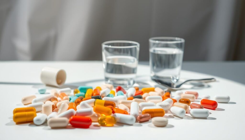 A carefully arranged still life showcasing a selection of oral medications for the treatment of severe eczema. In the foreground, an assortment of pills, capsules, and tablets in various shapes and colors are neatly displayed on a clean, white surface, casting subtle shadows. In the middle ground, a glass of water and a spoon add a sense of functionality, while the background features a soft, out-of-focus medical backdrop, suggesting a clinical yet calming environment. The lighting is natural and diffused, creating a sense of balance and highlighting the details of the medications. The overall composition conveys a sense of professionalism and medical authority, suitable for illustrating a section on advanced oral treatments for severe eczema.