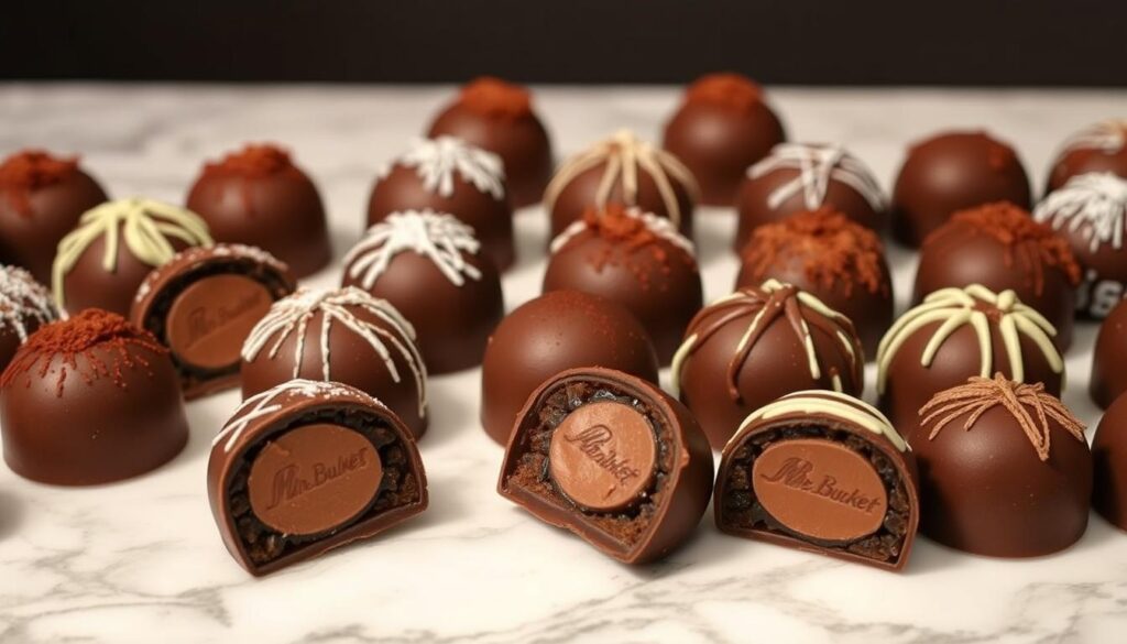 A carefully crafted arrangement of artisan chocolate bon bons, meticulously presented on a marble surface. The shimmering ganache centers are encased in deep, velvety chocolate shells, adorned with intricate patterns and delicate cocoa powder dusting. Soft, diffused lighting from above accentuates the luscious textures and sumptuous colors, creating an inviting, high-end ambiance. The bon bons are positioned with care, allowing each unique flavor and design to shine. This artisanal display exudes the quality and craftsmanship of Mr. Bucket Chocolaterie, a true testament to the local chocolate excellence showcased in this section.