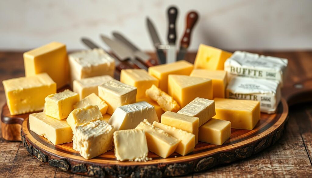 A carefully curated selection of premium butter varieties, presented on a rustic wooden board. In the foreground, a variety of butter sticks and pats, each with distinct textures and golden hues, arranged in an elegant, visually appealing manner. In the middle ground, various butter knives and spreaders, subtly suggesting the diverse applications of these dairy delights. The background features a soft, natural lighting that casts a warm, inviting glow, emphasizing the quality and craftsmanship of the butter selection. The overall composition conveys a sense of culinary expertise, artisanal dedication, and the versatility of these essential kitchen staples.