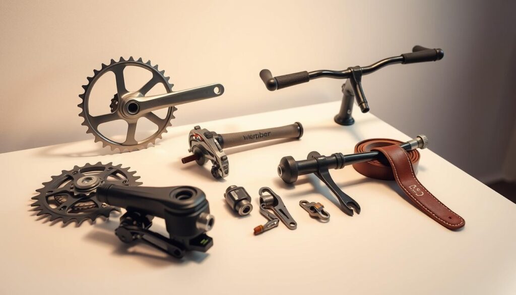 A carefully curated selection of rare and sought-after bicycle components is displayed on a sleek, minimalist white table. The components, including an exotic titanium crankset, a limited-edition derailleur, and a handcrafted leather handlebar tape, are meticulously arranged to showcase their unique designs and intricate details. The lighting is soft and diffused, creating a warm, inviting atmosphere that emphasizes the premium quality and exclusivity of the parts. The camera angle is slightly elevated, providing a clean, unobstructed view of the components, which are set against a plain, yet sophisticated background, allowing the products to take center stage.