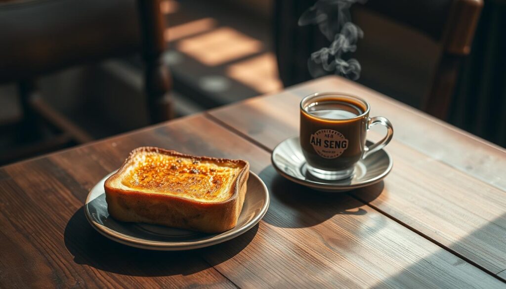 A charcoal-grilled French toast sits on a weathered wooden table, its golden-brown surface glistening under the warm light. Beside it, a steaming cup of robust Ah Seng coffee, its rich aroma wafting through the air. The setting evokes a cozy, traditional Singaporean kopitiam, with muted tones and a sense of timeless elegance. The table is flanked by vintage-style chairs, their worn leather adding to the nostalgic atmosphere. Soft shadows dance across the scene, suggesting a intimate, tranquil ambiance. This image captures the essence of the Ah Seng coffee legacy, a cherished local tradition that has endured through the decades.