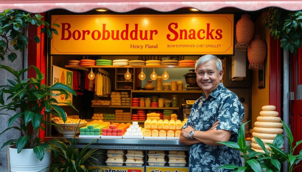 A charming and bustling Nonya kueh shop in Bedok North, Borobudur Snacks displays an array of colorful and tantalizing traditional snacks in its cozy storefront. Warm, golden lighting illuminates the quaint space, showcasing the diverse selection of delicacies, from vibrant pandan-infused kueh lapis to fluffy, cloud-like ondeh-ondeh. The shopkeeper, dressed in a crisp batik shirt, greets customers with a friendly smile, ready to share the stories and flavors of these beloved Peranakan treats. Outside, the storefront is adorned with lush greenery, creating a welcoming and inviting atmosphere that draws in passers-by, eager to discover the delights within.