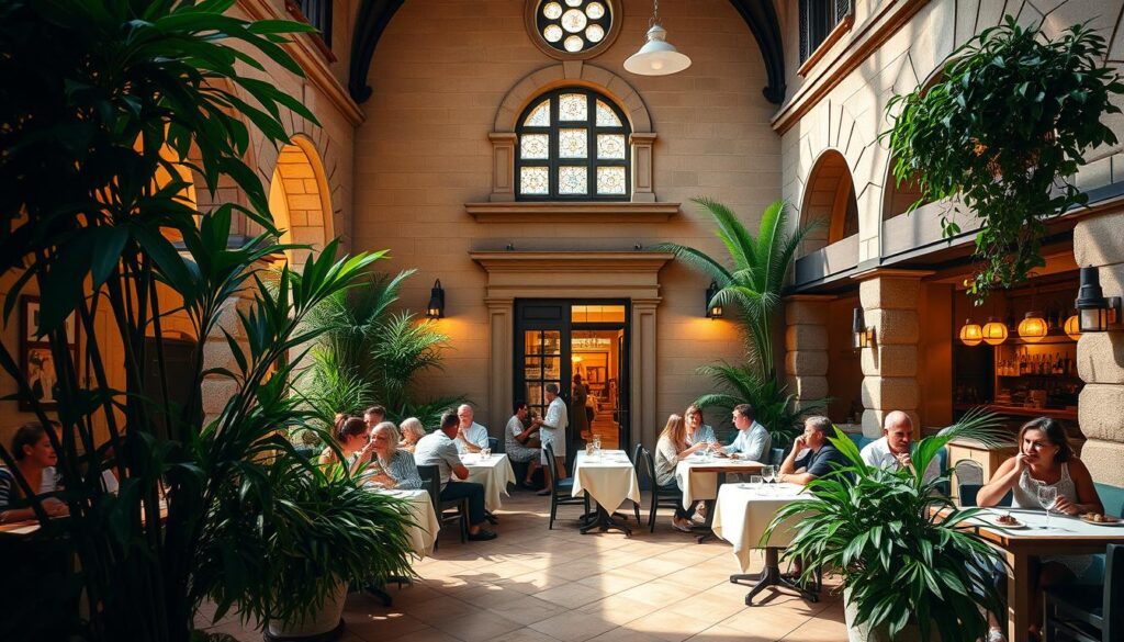 A charming colonial-era chapel, its graceful arched windows and intricate stone facade bathed in warm, golden light. Inside, a bustling French brasserie, with linen-clad tables, gleaming brass fixtures, and the aroma of freshly baked bread wafting through the air. Lush, verdant plants spill from planters, casting dancing shadows on the tiled floors. Diners savor hearty French fare, their laughter and conversation mingling with the gentle hum of the open kitchen. The scene exudes a timeless, sophisticated elegance, perfectly complementing the historic building that houses this unique dining experience.