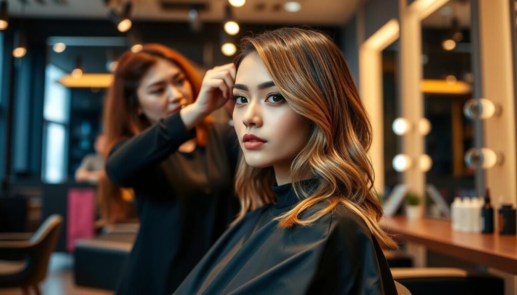 A chic, high-end hair salon in Singapore, Salon Vim is known for its trendy hair contouring services. Against a backdrop of sleek, modern decor, a model sits in a styling chair, her hair artfully sculpted with subtle highlights and lowlights that accentuate the natural curves of her face. Soft, directional lighting casts a warm, inviting glow, while the camera captures the process from a flattering angle, showcasing the skilled handiwork of Salon Vim's talented stylists. The overall atmosphere exudes an air of sophistication and urban elegance, perfectly complementing the salon's reputation for delivering cutting-edge hair transformations.