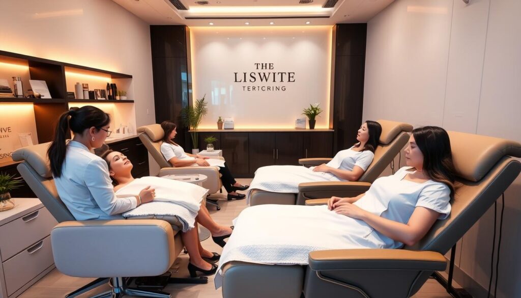 A chic, modern facial treatment salon in Singapore, with sleek white walls, warm lighting, and a minimalist design aesthetic. Clients are seated in comfortable, reclining chairs, while skilled aestheticians evaluate their skin and recommend the best extraction facial treatments. The space has a serene, relaxing atmosphere, with soft music playing in the background. The salon's branding and decor convey a sense of professionalism, luxury, and attention to detail, reflecting the high-quality services offered. The image captures the essence of an upscale, yet welcoming, facial treatment experience. A chic, modern facial treatment salon in Singapore, with sleek white walls, warm lighting, and a minimalist design aesthetic. Clients are seated in comfortable, reclining chairs, while skilled aestheticians evaluate their skin and recommend the best extraction facial treatments. The space has a serene, relaxing atmosphere, with soft music playing in the background. The salon's branding and decor convey a sense of professionalism, luxury, and attention to detail, reflecting the high-quality services offered. The image captures the essence of an upscale, yet welcoming, facial treatment experience.