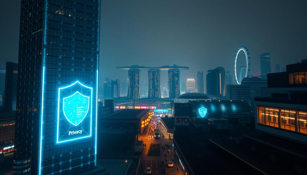 A cityscape of Singapore at night, with a towering skyscraper in the foreground. The building's facade is illuminated by a holographic display depicting a digital privacy shield, its translucent panels shimmering with a soft blue glow. In the middle ground, a busy street scene unfolds, with people hurrying along the sidewalks, their faces obscured by the holographic display's projections. In the background, the iconic Marina Bay Sands hotel and the Singapore Flyer ferris wheel rise up, casting a warm, futuristic ambiance over the scene. The lighting is moody and atmospheric, with a subtle haze creating a sense of mystery and technology. The overall impression is one of a city embracing the intersection of digital privacy and modern urban life. A cityscape of Singapore at night, with a towering skyscraper in the foreground. The building's facade is illuminated by a holographic display depicting a digital privacy shield, its translucent panels shimmering with a soft blue glow. In the middle ground, a busy street scene unfolds, with people hurrying along the sidewalks, their faces obscured by the holographic display's projections. In the background, the iconic Marina Bay Sands hotel and the Singapore Flyer ferris wheel rise up, casting a warm, futuristic ambiance over the scene. The lighting is moody and atmospheric, with a subtle haze creating a sense of mystery and technology. The overall impression is one of a city embracing the intersection of digital privacy and modern urban life.