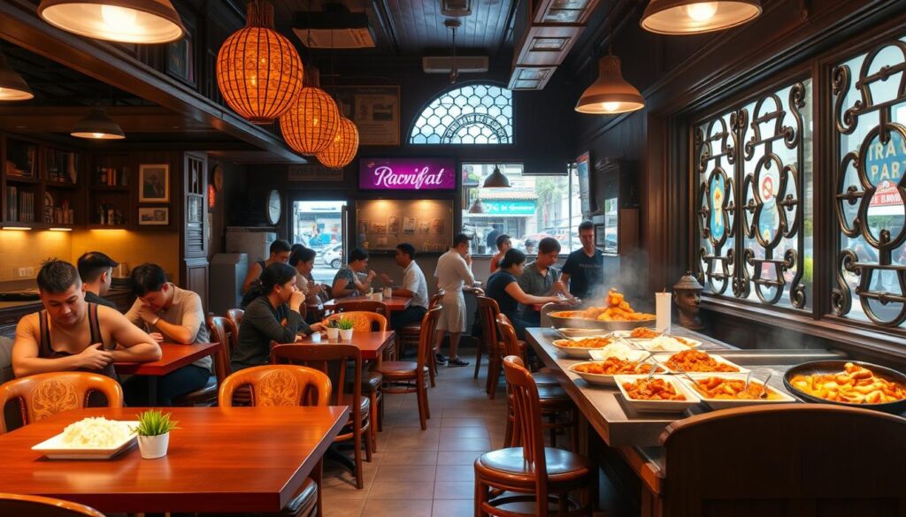 A classic Singaporean curry restaurant in the heart of the city, with warm lighting casting a cozy glow over the bustling interior. Wooden tables and chairs, adorned with delicate batik patterns, line the space, while the aroma of rich, aromatic spices fills the air. In the background, the chatter of satisfied customers mingles with the sizzling sounds from the open kitchen. The countertop displays an array of vibrant curries, each with its own unique blend of flavors, waiting to be scooped over fluffy white rice. A large, ornate window offers a glimpse of the lively street outside, completing the quintessential Singaporean curry house experience.