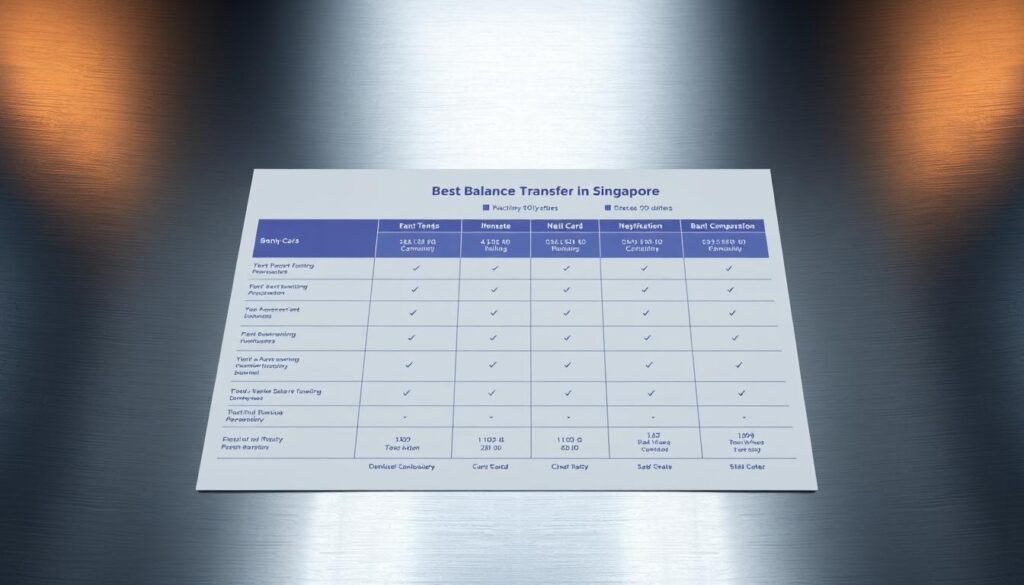 A clean and modern bank comparison chart rendered in a professional and informative style. The chart is displayed on a sleek metallic surface, with a subtle, soft lighting that creates a sense of depth and clarity. The chart itself features clean lines, bold typography, and intuitive data visualization elements that allow for easy comparison of key banking features and offers. The overall mood is one of efficiency, reliability, and trust - qualities that potential customers would associate with the best balance transfer options in Singapore.