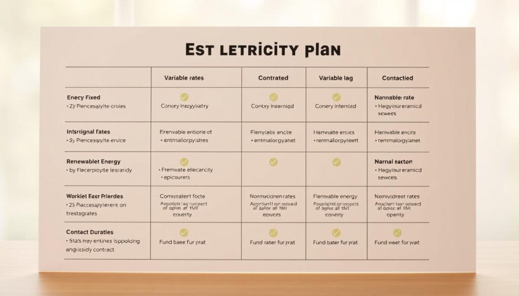 A clean, minimalist comparison chart showcasing various types of electricity plans, presented against a soft, natural backdrop. The plans are neatly organized in a grid, with clear icons and concise descriptions highlighting the key features of each option, such as fixed vs. variable rates, renewable energy sources, and contract durations. The overall composition is well-balanced, with a touch of warmth and simplicity to make the information easy to digest. Warm, directional lighting illuminates the chart, creating a sense of clarity and professionalism.