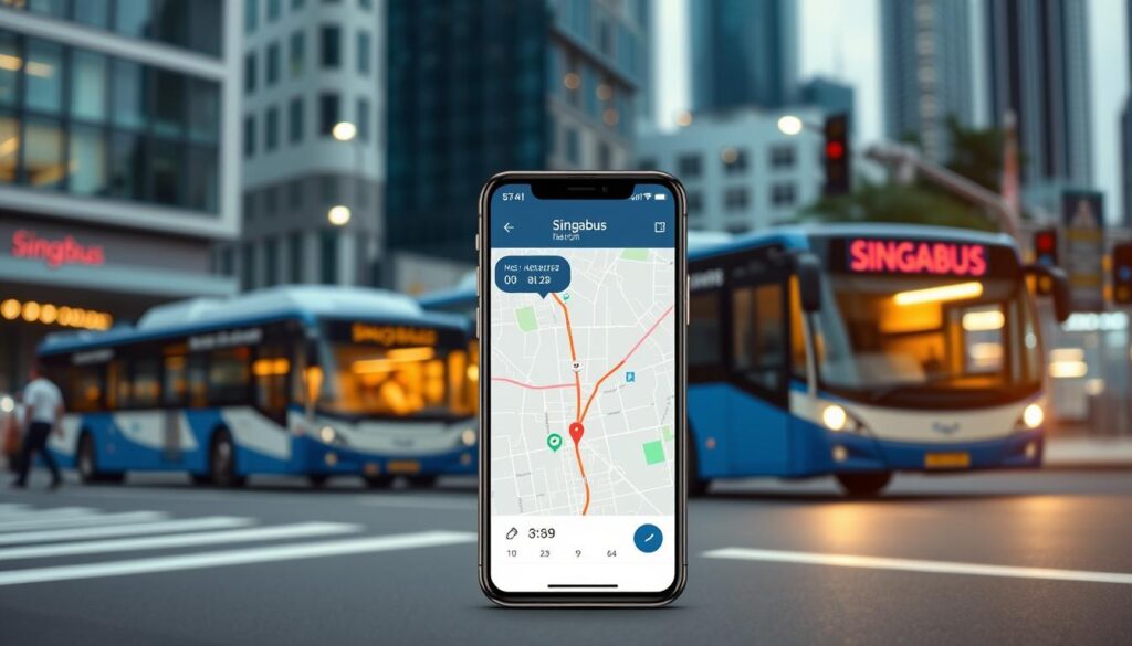 A clean, minimalist interface showcasing the real-time tracking of Singabus routes across the bustling streets of Singapore. The foreground features a sleek smartphone display with a map pinpointing the location of a nearby bus, its estimated time of arrival prominently displayed. The middle ground depicts the modern, efficient buses of the Singabus fleet, their distinctive blue and white livery standing out against the backdrop of Singapore's contemporary cityscape. Soft lighting casts a warm glow, emphasizing the user-friendly design and the seamless integration of technology into the daily commute. The overall atmosphere conveys a sense of convenience, reliability, and the Singaporean spirit of innovation.