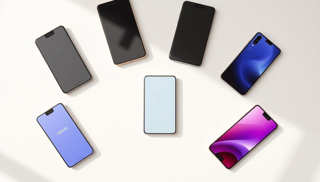 A clean, minimalist smartphone display showcasing various Oppo models, arranged in a visually appealing manner. The devices are presented against a soft, neutral background, allowing the smartphones to take center stage. Bright, natural lighting accentuates the sleek, modern design of the Oppo phones. The overall composition has a sense of balance and symmetry, guiding the viewer's eye towards the key product features. The image radiates a calm, informative atmosphere, suitable for an article section on choosing the right Oppo smartphone.