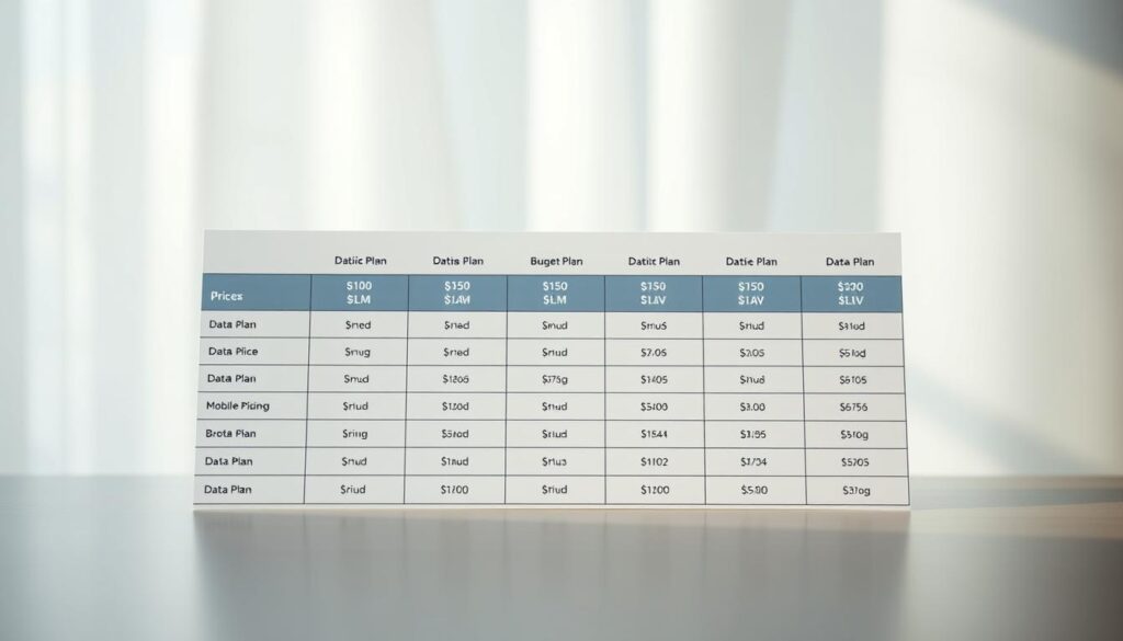 A clean, minimalist table display showcasing several mobile plan options against a soft, blurred background. The table features distinct rows and columns with clear pricing and data plan information. The lighting is natural and diffused, creating a warm, inviting atmosphere. The angle is a slightly elevated perspective, giving the viewer a comprehensive overview of the plans. The color palette is muted and professional, with shades of blue, gray, and white predominating to convey a sense of reliability and trustworthiness. Overall, the image presents a straightforward and informative comparison of budget-friendly mobile plans in an elegant, visually appealing manner.