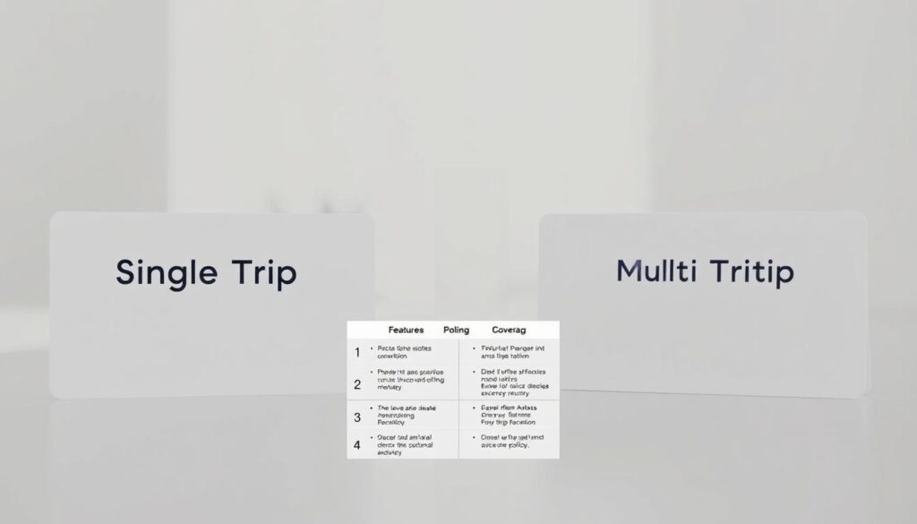 A clean, minimalist visual contrast showcasing the differences between single trip and annual multi-trip travel insurance policies. In the foreground, two pristine white insurance cards, one labeled "Single Trip" and the other "Annual Multi-Trip", positioned side-by-side against a soft, blurred background. The cards are illuminated by natural, diffused lighting, creating a sense of clarity and simplicity. The middle ground features a stylized graph or chart, illustrating key features and coverage comparisons between the two policy types in a simple, easy-to-understand format. The background is a muted, neutral tone, allowing the focal elements to stand out prominently.