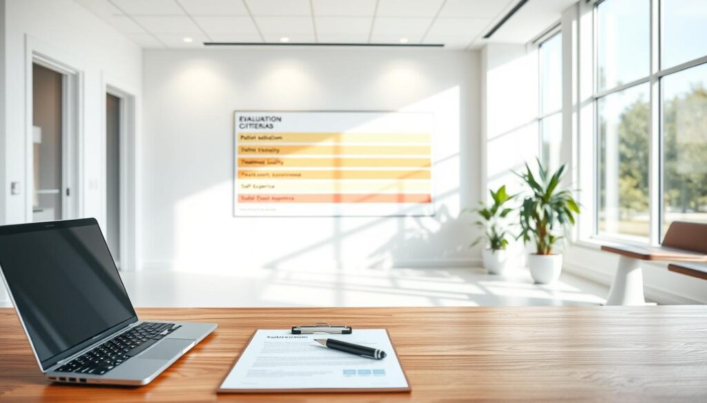 A clean, modern clinic interior with a bright, professional atmosphere. In the foreground, a wooden desk with a laptop, clipboard, and pen set, conveying an air of clinical evaluation. The middle ground showcases a wall display with various evaluation criteria, such as patient satisfaction, treatment quality, and staff expertise, presented in a clear, organized manner. The background features large windows allowing natural light to filter in, creating a warm, welcoming ambiance. The overall scene exudes a sense of meticulous attention to detail and a commitment to providing the best possible patient experience.