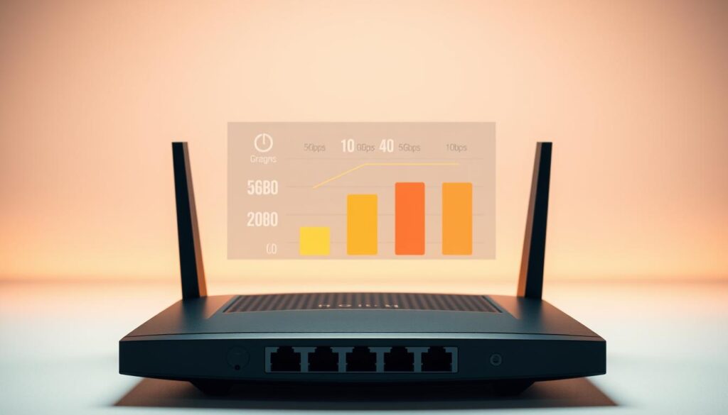 A clean, well-lit studio setting showcasing the visual comparison of broadband internet speed tiers. In the foreground, a sleek, modern router with multiple Ethernet ports stands prominently, symbolizing the high-speed connectivity. Behind it, a crisp, data-rich graph or infographic visually contrasts the performance differences between 1Gbps, 5Gbps, and 10Gbps internet plans, using clear, intuitive icons and color-coded bars. The background features a minimalist, gradient-based backdrop that complements the technological theme, bathed in warm, directional lighting that accentuates the streamlined, high-tech aesthetic. The overall composition conveys a sense of clarity, professionalism, and a deep understanding of the technical capabilities of modern broadband technologies.