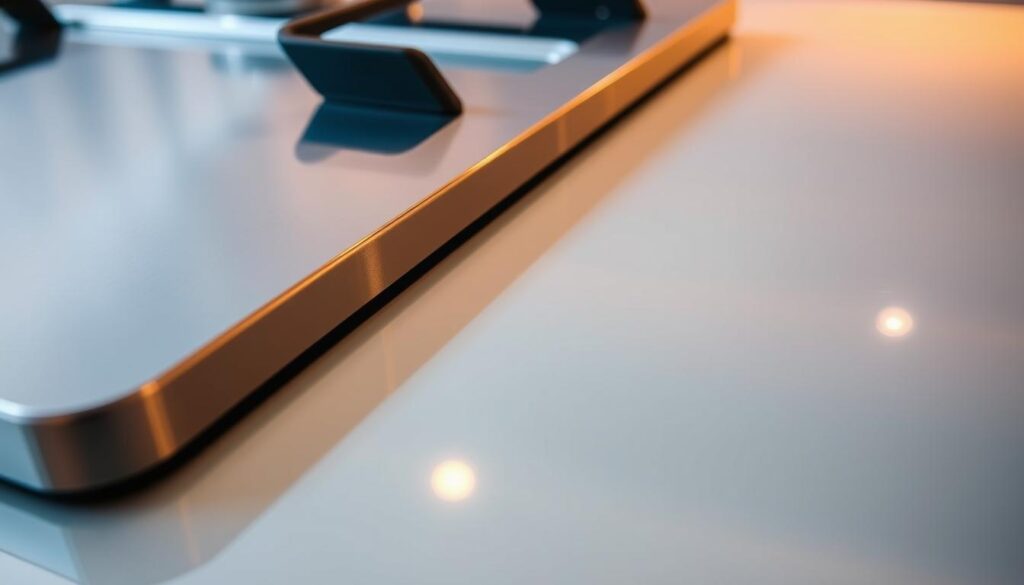 A close-up comparison of a sleek stainless steel gas hob surface and a pristine glass gas hob surface, illuminated by warm, ambient lighting. The stainless steel hob gleams with a polished, mirrored finish, while the glass surface appears flawlessly smooth and reflective. The two materials are positioned side by side, allowing for a detailed examination of their distinct textures, reflective properties, and overall aesthetic appeal. The scene is captured from a slightly elevated angle, emphasizing the clean, minimalist design and high-quality craftsmanship of these contrasting gas hob options.