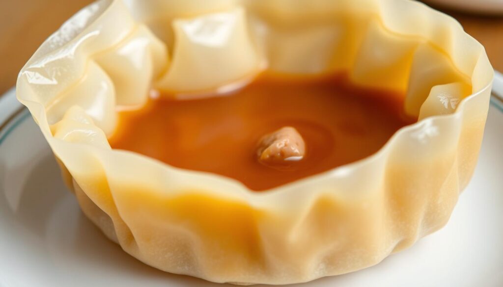 A close-up, high-resolution image of a perfectly crafted xiao long bao, revealing its delicate anatomy in vivid detail. The dumpling's translucent skin glistens under warm, soft lighting, showcasing the intricate folds and pleats. In the center, a pool of rich, savory broth awaits, surrounded by a succulent pork filling. The composition emphasizes the dumpling's proportions, texture, and the balance of its components. Captured at a slightly elevated angle to highlight the bun's elegant shape and the steam rising from its interior. The background is blurred, placing the xiao long bao in sharp focus as the central subject.