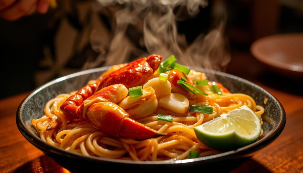 A close-up of a steaming hot plate of crab bee hoon from Keng Eng Kee Seafood, a legendary Singaporean zi char restaurant. The dish features plump and juicy crab meat nestled in a bed of springy bee hoon noodles, glistening with the signature "wok hei" or charred aroma and flavor from the high-heat cooking. The noodles are cooked to a perfect al dente texture, lightly coated in a savory sauce that brings out the sweetness of the crab. The plate is garnished with crisp green onions and a wedge of fresh lime, creating a vibrant and mouthwatering presentation. Warm, atmospheric lighting illuminates the scene, highlighting the dish's steam and inviting the viewer to imagine the powerful umami flavors.