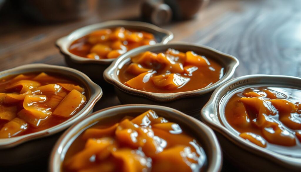 A close-up of glistening signature steamed fish sauces in traditional ceramic dishes, set against a backdrop of a rustic wooden table. The sauces have a rich, amber hue and a thick, velvety texture, infused with the fragrant aromas of garlic, ginger, and a hint of soy. The lighting is soft and diffused, creating a warm, intimate atmosphere that evokes the essence of Singaporean culinary heritage. The composition is balanced, with the sauces taking center stage, surrounded by a subtle, uncluttered environment that allows their unique flavors to shine.