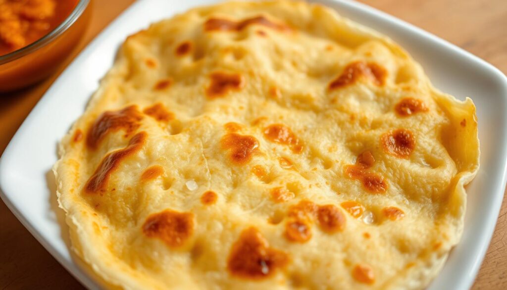 A close-up photograph of a freshly prepared, golden-brown Mr & Mrs Mohgan Super Crispy Roti Prata, nestled on a white plate. The roti's surface is perfectly crisp and flaky, with a delicate, lacy pattern that glistens under the warm, even lighting. The center is pillowy soft, just waiting to be torn apart and dipped into a small bowl of aromatic fish curry. The prata's edges are neatly trimmed, showcasing its careful craftsmanship. The composition highlights the roti's alluring texture and tantalizing appearance, inviting the viewer to imagine its flavors and the comforting, homely ambiance of this iconic East Singapore eatery.