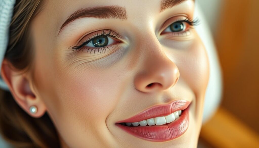 A close-up portrait of a woman's radiant, healthy-looking skin after a professional facial treatment. Her complexion is glowing, with an even, luminous tone and a smooth, refined texture. The lighting is soft and flattering, creating a warm, inviting atmosphere. The background is subtly blurred, keeping the focus on the subject's beautiful, rejuvenated skin. The image conveys a sense of relaxation, freshness, and the transformative power of professional skincare. A close-up portrait of a woman's radiant, healthy-looking skin after a professional facial treatment. Her complexion is glowing, with an even, luminous tone and a smooth, refined texture. The lighting is soft and flattering, creating a warm, inviting atmosphere. The background is subtly blurred, keeping the focus on the subject's beautiful, rejuvenated skin. The image conveys a sense of relaxation, freshness, and the transformative power of professional skincare.
