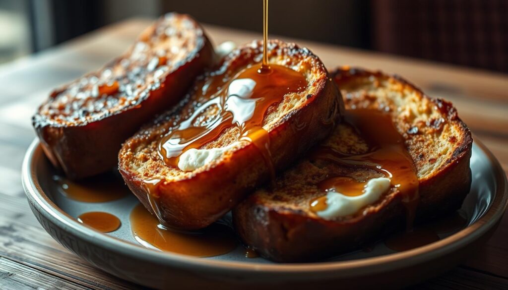 A close-up shot of a decadent mascarpone-stuffed French toast, artfully arranged on a rustic wooden table. The golden-brown brioche slices are generously filled with a luscious, creamy mascarpone, drizzled with a glistening maple syrup glaze. Soft natural lighting illuminates the dish, casting a warm, inviting glow. The composition is visually balanced, with the French toast taking center stage, surrounded by a minimal, clean background that allows the rich textures and flavors to shine. The overall atmosphere evokes a sense of indulgence and sophistication, befitting of the cozy, charming ambiance of Tolido's Espresso Nook.