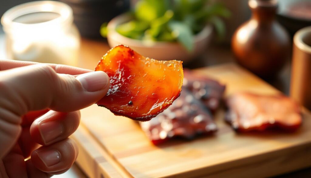 A close-up shot of a hand delicately picking up a thin, glistening slice of pork bak kwa, the smoky-sweet aroma wafting through the air. In the background, a wooden cutting board with a few more slices awaiting inspection, bathed in warm, golden light. The image captures the tactile experience of savoring this beloved Singaporean delicacy, inviting the viewer to imagine the satisfying texture and flavor as the bak kwa is slowly tasted and appreciated.