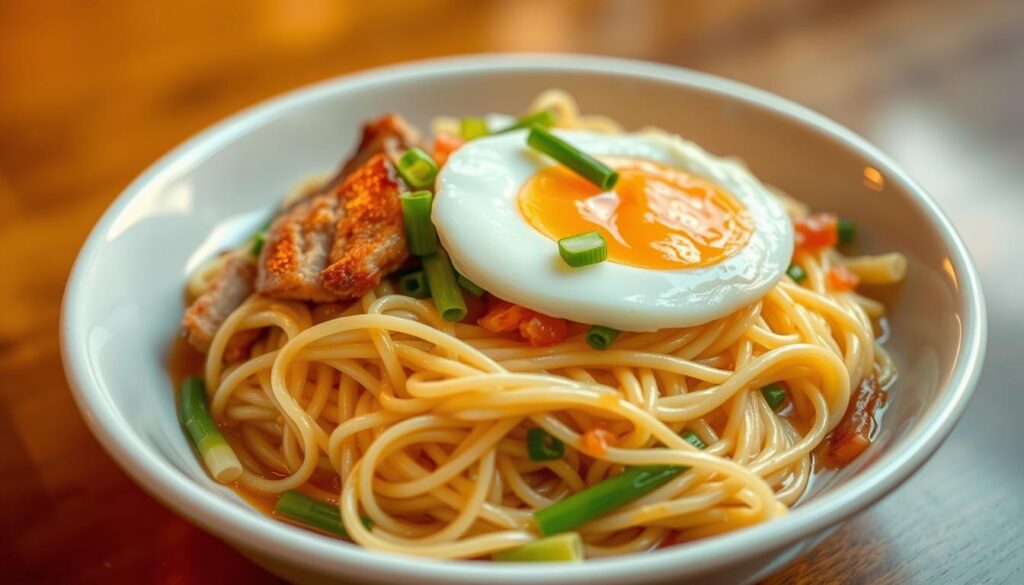 A close-up shot of a plate of freshly made Prince Noodles, a signature KL-style handmade noodle dish. The noodles are glistening with a light sheen, perfectly al dente, and adorned with a vibrant array of toppings - juicy char siu pork, crisp beansprouts, fresh spring onions, and a soft-boiled egg with a luscious, runny yolk. The dish is plated on a white ceramic dish, capturing the authentic flavors and textures of this beloved Malaysian street food specialty. Warm, golden lighting illuminates the scene, creating a cozy and inviting atmosphere. The camera angle is slightly elevated, emphasizing the intricate details and craftsmanship of this handmade noodle masterpiece.