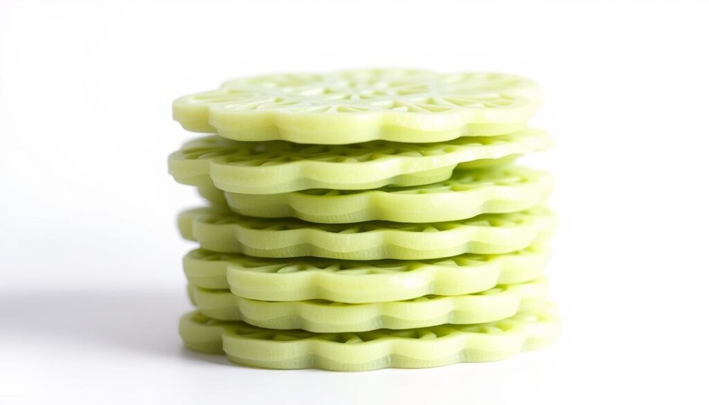 A close-up shot of a stack of freshly made, handcrafted Nonya kueh called Makko Teck Neo, set against a plain white background. The kueh have a delicate, translucent appearance, with a pale green hue and intricate, lace-like patterns on the surface. The kueh are arranged neatly, showcasing their homemade, artisanal quality. Soft, diffused lighting from the side casts gentle shadows, highlighting the kueh's delicate textures and the care taken in their preparation. The image conveys a sense of traditional Peranakan culinary heritage, with the humble, homestyle nature of the kueh taking center stage.