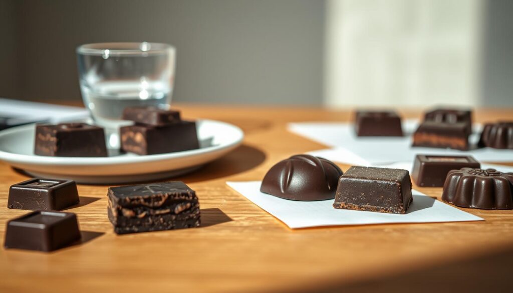 A close-up shot of a taste evaluation session for premium dark chocolate. The chocolates are arranged on a wooden table, with a tasting plate, aroma cup, and tasting notes nearby. The lighting is soft and natural, creating a warm, inviting atmosphere. The chocolate pieces are carefully positioned, showcasing their rich, glossy appearance and intricate textures. In the background, a neutral, slightly blurred backdrop provides a clean, minimalist setting, allowing the focus to remain on the chocolate tasting experience. The overall scene conveys a sense of refined sophistication and attention to detail, suitable for showcasing the best dark chocolate Singapore has to offer.