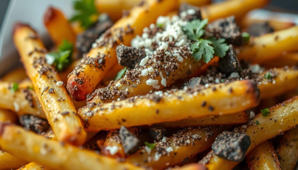 A close-up shot of crispy, golden-brown truffle fries, expertly crafted with a generous dusting of aromatic black truffle powder. The fries are arranged in a visually appealing manner, with a hint of grated Parmesan cheese and fresh parsley sprinkled over the top, creating a mouthwatering contrast of textures and flavors. The lighting is soft and natural, highlighting the inviting sheen of the fries and the depth of the truffle aroma. The image is captured at a slightly low angle, emphasizing the rustic, homemade quality of this signature dish, perfect for showcasing Singapore's top eateries and their commitment to culinary excellence.