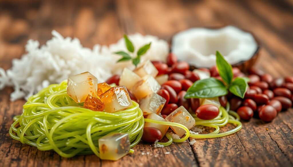 A close-up shot of high-quality chendol ingredients artfully arranged on a rustic wooden surface. In the foreground, shimmering pandan-infused green chendol noodles are nestled among translucent cubes of gula melaka and vibrant red azuki beans. The middle ground features freshly grated coconut, its pristine white flakes contrasting with the deeper hues of the other components. In the background, a few aromatic pandan leaves add a touch of verdant elegance, while soft, warm lighting casts a gentle glow over the entire scene, highlighting the natural textures and vivid colors of these authentic chendol essentials.