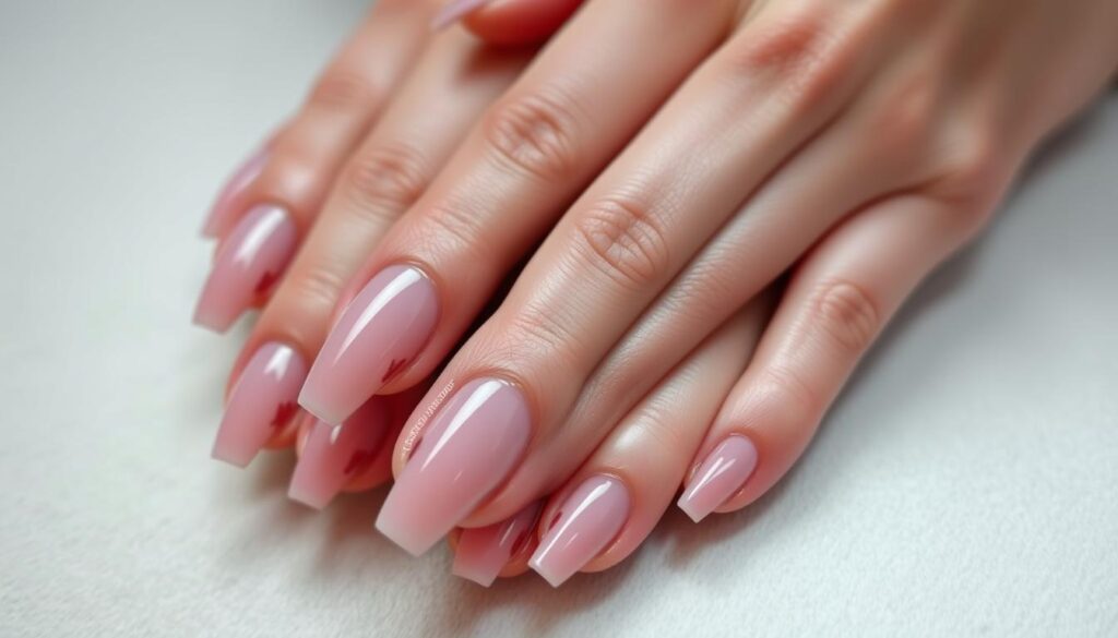 A close-up shot of immaculately manicured gel nail extensions, the surface gleaming with a high-gloss finish under soft, diffused lighting. The nails are long, tapered, and perfectly shaped, creating an elegant and luxurious aesthetic. The color palette is a refined, subdued shade of pink, complemented by subtle, intricate nail art designs. The hands are gently posed, showcasing the attention to detail and the premium-quality craftsmanship of these meticulously applied extensions. The overall mood is one of sophistication, indulgence, and a touch of exclusivity, befitting a duchess-worthy pedicure experience.