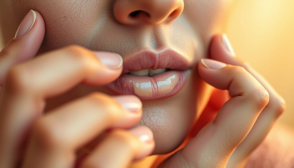 A close-up view of a person's hands gently applying a high-quality lip balm to their soft, moisturized lips. The balm is a neutral, natural-looking shade that seamlessly blends into the skin. The lighting is warm and diffused, creating a cozy, inviting atmosphere. The hands move with a delicate, deliberate touch, ensuring even coverage and maximum absorption. The background is slightly blurred, keeping the focus on the application technique. The overall mood is one of relaxation and self-care, emphasizing the importance of properly using lip balm to achieve the best results. A close-up view of a person's hands gently applying a high-quality lip balm to their soft, moisturized lips. The balm is a neutral, natural-looking shade that seamlessly blends into the skin. The lighting is warm and diffused, creating a cozy, inviting atmosphere. The hands move with a delicate, deliberate touch, ensuring even coverage and maximum absorption. The background is slightly blurred, keeping the focus on the application technique. The overall mood is one of relaxation and self-care, emphasizing the importance of properly using lip balm to achieve the best results.
