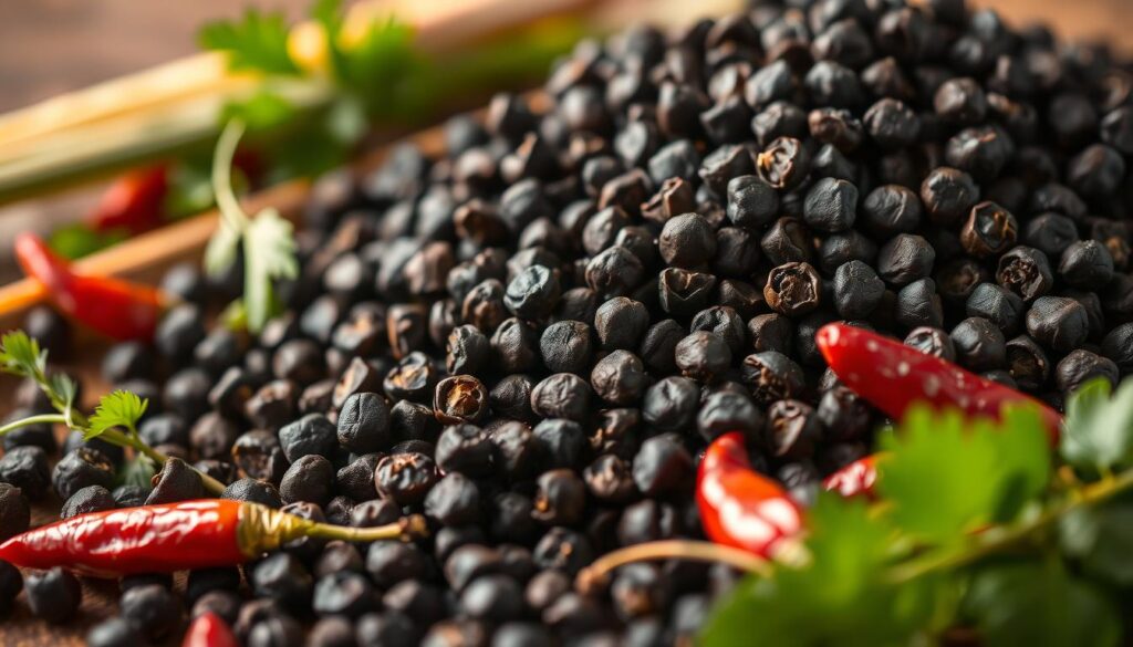 A close-up view of a pile of exceptional black peppercorns, glistening with a glossy sheen, nestled amidst a selection of aromatic spices. In the foreground, a scattering of vibrant red chilies, their tips curling and surfaces textured. In the middle ground, sprigs of fresh herbs like coriander and lemongrass, their verdant hues complementing the earthy tones of the peppercorns. The background is blurred, allowing the spices to take center stage, illuminated by warm, directional lighting that casts subtle shadows, heightening their depth and dimension. The overall mood is one of culinary intrigue, hinting at the complex flavors and aromas that define an exceptional black pepper crab dish.