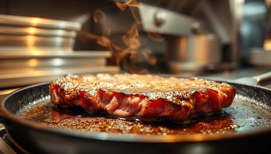 A close-up view of a sizzling steak on a cast-iron skillet, captured in warm, golden-hued lighting. The surface of the meat is perfectly seared, with a crisp, caramelized crust and a juicy, pink interior. Wisps of fragrant smoke curl upwards, adding to the atmospheric ambiance. In the background, a hint of a professional kitchen can be seen, with stainless steel appliances and clean, modern lines. The overall scene conveys the expertise and attention to detail that goes into crafting the iconic Singaporean steaks, highlighting the importance of mastering the fundamentals of cooking techniques. A close-up view of a sizzling steak on a cast-iron skillet, captured in warm, golden-hued lighting. The surface of the meat is perfectly seared, with a crisp, caramelized crust and a juicy, pink interior. Wisps of fragrant smoke curl upwards, adding to the atmospheric ambiance. In the background, a hint of a professional kitchen can be seen, with stainless steel appliances and clean, modern lines. The overall scene conveys the expertise and attention to detail that goes into crafting the iconic Singaporean steaks, highlighting the importance of mastering the fundamentals of cooking techniques.