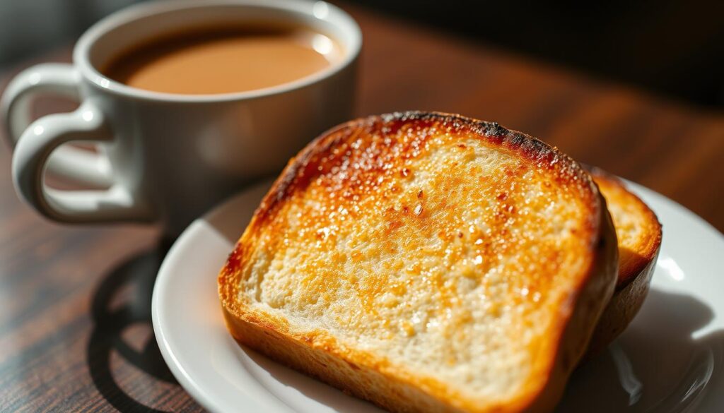 A close-up view of a traditional Singaporean breakfast of kaya toast, a classic dish consisting of toasted bread slathered with a creamy coconut-egg jam called kaya, accompanied by a cup of aromatic local coffee. The bread is lightly toasted to a golden-brown hue, the kaya smooth and glistening. Soft light from the side illuminates the textural details, casting gentle shadows that accentuate the natural curves of the toast. The background is blurred, putting the focus entirely on the delectable centerpiece, evoking the comforting and familiar flavors of a quintessential Singaporean morning meal.