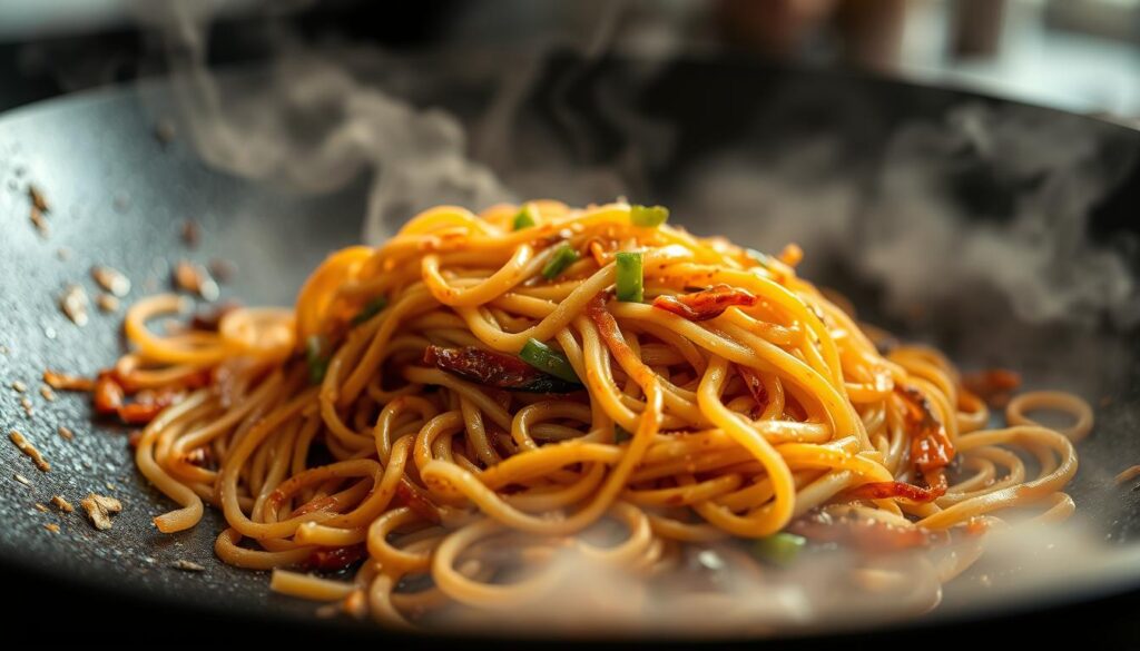 A close-up view of a wok with a steaming pile of freshly stir-fried noodles, showcasing the distinctive "wok hei" technique. The noodles are tossed and charred over high heat, creating a complex, smoky aroma and a slightly caramelized texture. The wok's surface glistens with a light sheen of oil, and the noodles are cooked to a perfect al dente consistency, with a vibrant mix of colors from the various ingredients. The image is captured with a shallow depth of field, placing the noodles in sharp focus while the background is softly blurred, creating a sense of depth and emphasizing the culinary artistry on display. A close-up view of a wok with a steaming pile of freshly stir-fried noodles, showcasing the distinctive "wok hei" technique. The noodles are tossed and charred over high heat, creating a complex, smoky aroma and a slightly caramelized texture. The wok's surface glistens with a light sheen of oil, and the noodles are cooked to a perfect al dente consistency, with a vibrant mix of colors from the various ingredients. The image is captured with a shallow depth of field, placing the noodles in sharp focus while the background is softly blurred, creating a sense of depth and emphasizing the culinary artistry on display.