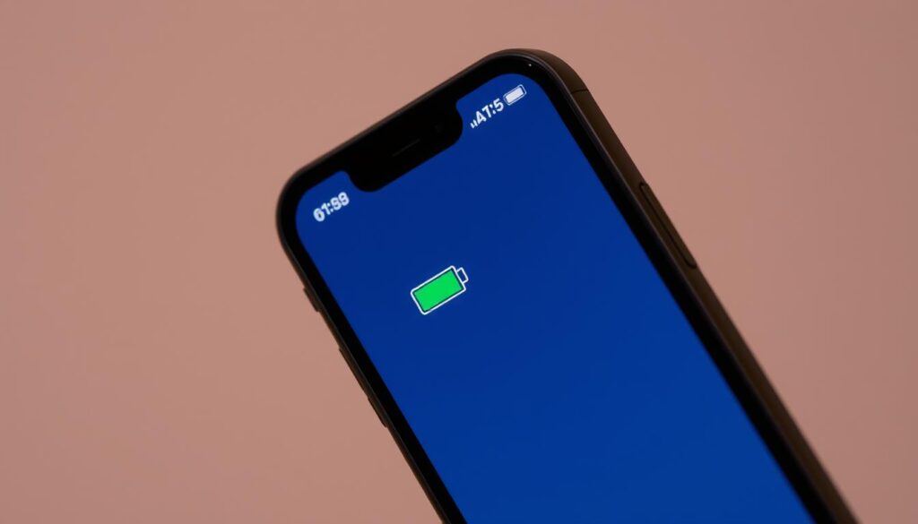 A close-up view of an iPhone screen, displaying a low battery icon and warning message against a muted, neutral-toned background. The screen is slightly tilted, creating a sense of urgency. The lighting is soft and evenly distributed, highlighting the details of the iPhone's interface. The image conveys a sense of concern and the need for immediate action, mirroring the article's subject of iPhone battery replacement services.