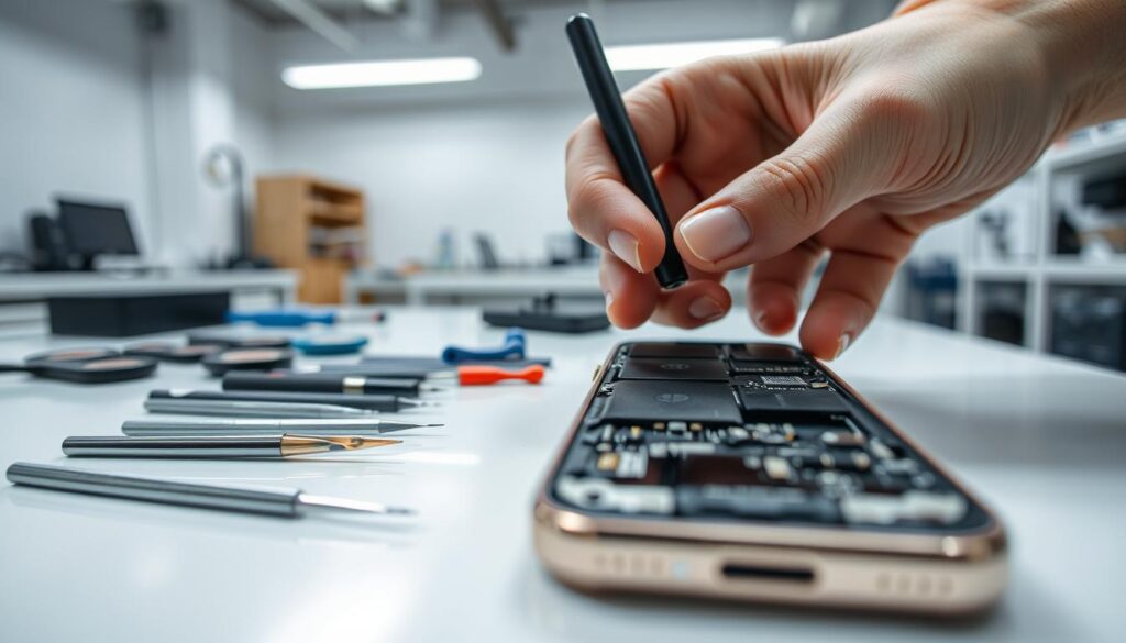 A close-up view of an iPhone's battery replacement process, showcased on a clean, well-lit workbench. In the foreground, a technician's hands carefully pry open the phone's casing, revealing the internal components. The middle ground features a range of precision tools, including screwdrivers and tweezers, neatly arranged. In the background, a softly blurred image of the workshop's interior provides a sense of context, with clean white walls and minimal clutter. The overall atmosphere is one of professionalism, attention to detail, and a dedication to providing a seamless battery replacement experience.