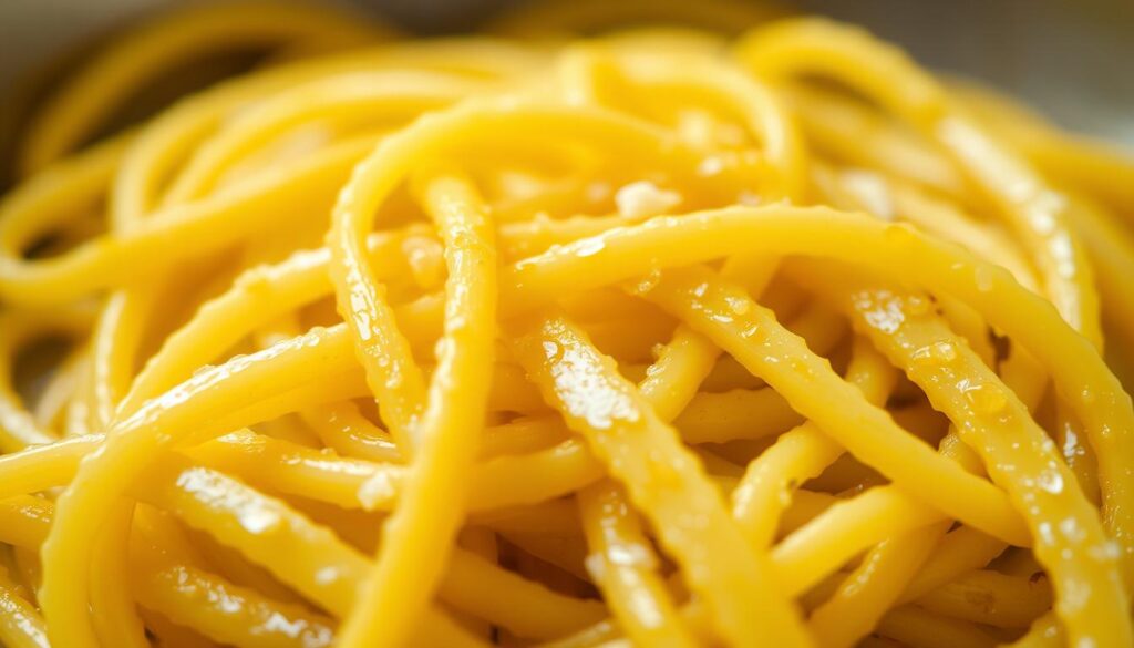 A close-up view of freshly cooked al dente pasta, glistening with olive oil and flecks of garlic. The noodles have a firm, slightly chewy texture, with a vibrant yellow-golden hue. Captured in soft, natural lighting that accentuates the delicate ridges and curves of the pasta strands. The image has a shallow depth of field, blurring the background to focus the viewer's attention on the tactile, appetizing quality of the pasta. The overall mood is one of rustic elegance, inviting the viewer to imagine the flavors and aromas of an authentic Italian dish. A close-up view of freshly cooked al dente pasta, glistening with olive oil and flecks of garlic. The noodles have a firm, slightly chewy texture, with a vibrant yellow-golden hue. Captured in soft, natural lighting that accentuates the delicate ridges and curves of the pasta strands. The image has a shallow depth of field, blurring the background to focus the viewer's attention on the tactile, appetizing quality of the pasta. The overall mood is one of rustic elegance, inviting the viewer to imagine the flavors and aromas of an authentic Italian dish.