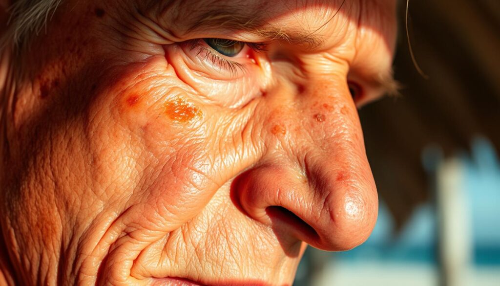 A close-up view of sun-damaged skin on a middle-aged person's face, with visible signs of aging, wrinkles, and discoloration caused by prolonged UV exposure in a tropical climate. The skin appears leathery, uneven, and shows signs of pigmentation and sunspots. The lighting is harsh, casting dramatic shadows that accentuate the texture and imperfections of the skin. The camera angle is slightly tilted, creating a sense of unease and discomfort. The background is blurred, keeping the focus solely on the damaged skin, conveying the severity and consequences of inadequate sun protection in a tropical environment.