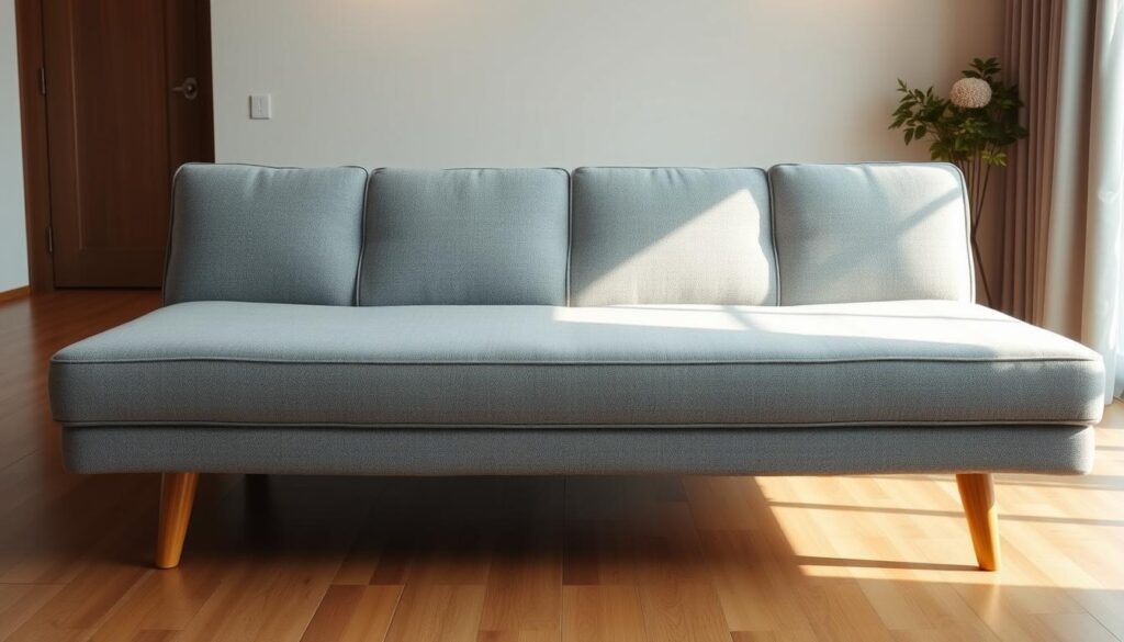 A comfortable, affordable sofa bed set against a cozy, modern living room. The FortyTwo Sayaka features a simple, clean-lined design with plush, gray upholstery. Warm, directional lighting illuminates the soft, textured fabric, highlighting its quality. The sofa stands on sturdy, wooden legs that complement the minimalist aesthetic. In the background, neutral-toned walls and hardwood floors create a harmonious, welcoming atmosphere. The Sayaka's convertible functionality is seamlessly integrated, ready to transform from a relaxing sofa to a practical sleeping surface. An ideal balance of style and practicality for the budget-conscious Singaporean home.