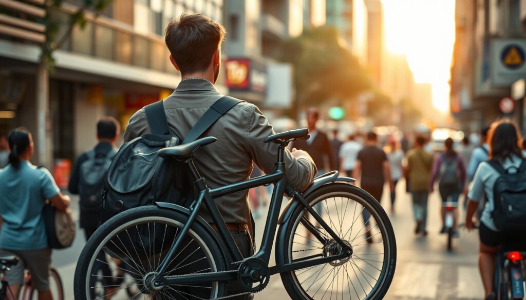 A commuter carrying a compact folding bike in the bustling streets of Singapore. The rider, dressed in professional attire, effortlessly navigates the crowded urban landscape, the bike neatly folded and easily transported. Soft natural lighting illuminates the scene, casting a warm, inviting glow. The bike's sleek, modern design complements the vibrant city backdrop, highlighting its practicality and adaptability to the fast-paced Singaporean commute. The image conveys a sense of efficiency, mobility, and the seamless integration of the folding bike into the daily routine of a busy urban professional.