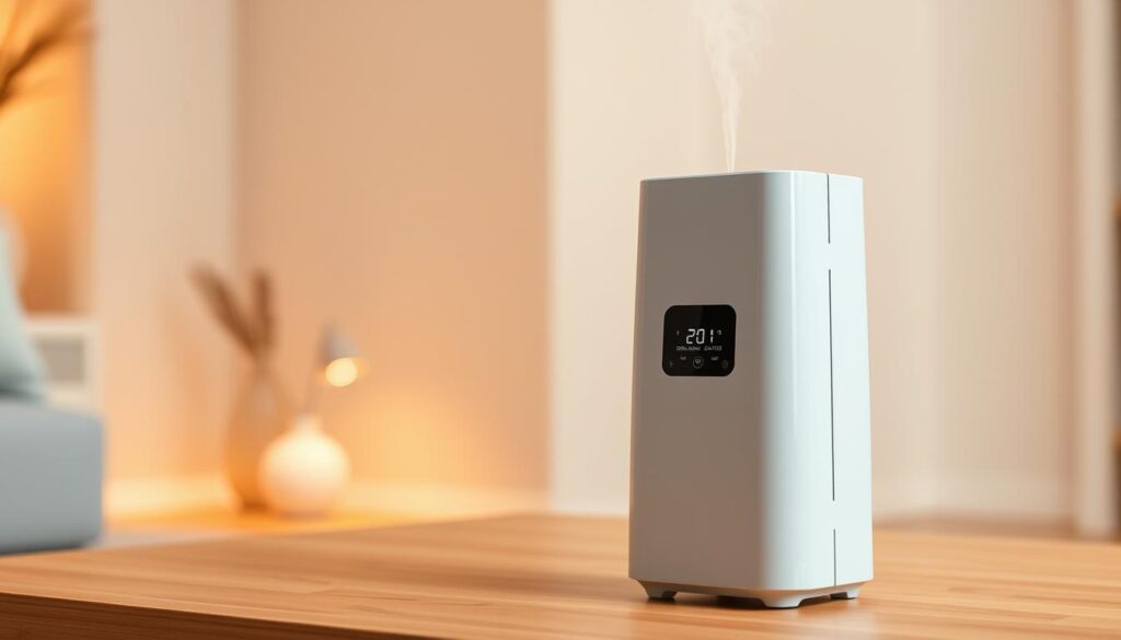 A compact and sleek Novita NH810 air humidifier stands prominently in the foreground, its minimalist design and light gray color palette exuding a sense of modern elegance. Subtly incorporated into the humidifier's body is a small aromatherapy tray, hinting at its multi-functional capabilities. The middle ground showcases the humidifier's intuitive control panel, with its simple yet informative display. In the background, a softly lit, minimalist interior setting complements the humidifier's aesthetic, creating a calming and inviting atmosphere. Warm, directional lighting accentuates the humidifier's clean lines and subtle curves, while a shallow depth of field keeps the focus on the device's key features. The overall scene conveys a sense of tranquility and effortless functionality, perfect for highlighting the Novita NH810's compact, yet versatile design.