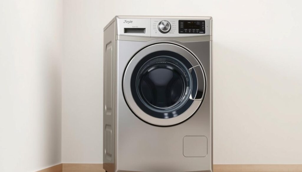 A compact, space-saving washer-dryer combination unit, its sleek metallic exterior gleaming under soft, even lighting. The appliance is positioned against a minimalist, neutral-toned backdrop, emphasizing its streamlined design. Angled from a mid-level perspective, the prompt captures the unit's efficient dimensions and integrated controls, showcasing its practical functionality for small-space living. The image conveys a sense of modern, urban efficiency - the ideal solution for HDB flats and compact homes seeking a space-saving laundry solution.
