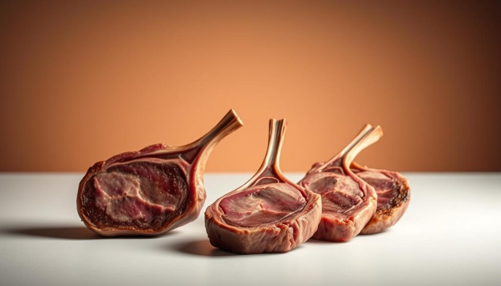 A comparison of lamb chop pricing and value, captured in a sleek, minimalist style. In the foreground, three carefully arranged lamb chops of varying sizes, their textures and marbling meticulously rendered. Soft, warm lighting casts subtle shadows, highlighting the chops' succulent appearance. The middle ground features a clean, white backdrop, allowing the chops to take center stage. In the background, a muted color gradient evokes a sense of luxury and refinement, complementing the high-end, culinary presentation. The overall composition conveys a sense of considered value, inviting the viewer to assess the relationship between price and quality. A comparison of lamb chop pricing and value, captured in a sleek, minimalist style. In the foreground, three carefully arranged lamb chops of varying sizes, their textures and marbling meticulously rendered. Soft, warm lighting casts subtle shadows, highlighting the chops' succulent appearance. The middle ground features a clean, white backdrop, allowing the chops to take center stage. In the background, a muted color gradient evokes a sense of luxury and refinement, complementing the high-end, culinary presentation. The overall composition conveys a sense of considered value, inviting the viewer to assess the relationship between price and quality.
